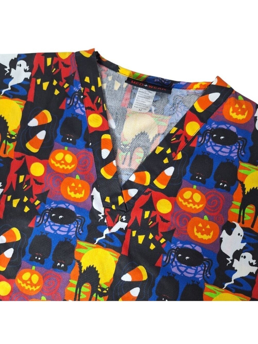Med+Wear Halloween Scrub Top Medium Spooky Ghost Pumpkin